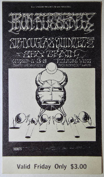 Iron Butterfly, Sir Douglas Quintet, Seatrain, The Fillmore by Rick Griffin, Victor Moscoso - October 18, 1968 - Vintage Concert Ticket