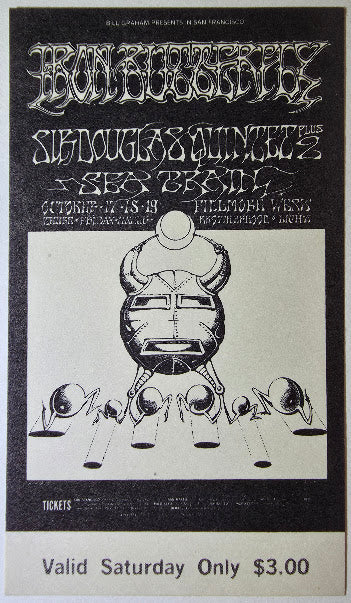 Iron Butterfly, Sir Douglas Quintet, Seatrain, The Fillmore by Rick Griffin, Victor Moscoso - October 19, 1968 - Vintage Concert Ticket