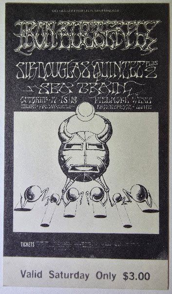 Iron Butterfly, Sir Douglas Quintet, Seatrain, The Fillmore by Rick Griffin, Victor Moscoso - October 19, 1968 - Vintage Concert Ticket
