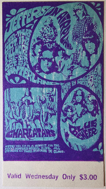 Jefferson Airplane, The Charlatans, Blue Cheer, The Fillmore by Bonnie MacLean, Herb Greene - October 11, 1967 - Vintage Concert Ticket