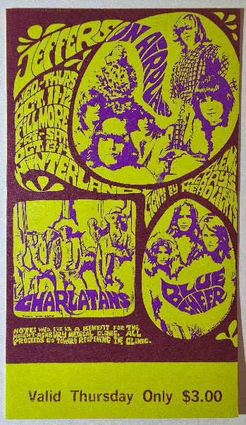Jefferson Airplane, The Charlatans, Blue Cheer, The Fillmore by Bonnie MacLean, Herb Greene - October 12, 1967 - Vintage Concert Ticket