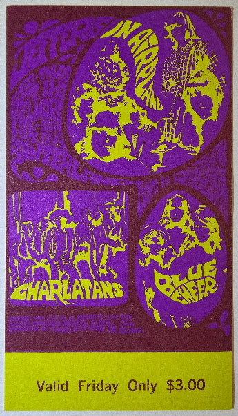 Jefferson Airplane, The Charlatans, Blue Cheer, The Fillmore by Bonnie MacLean, Herb Greene - October 13, 1967 - Vintage Concert Ticket