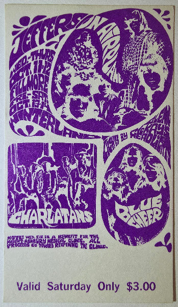 Jefferson Airplane, The Charlatans, Blue Cheer, The Fillmore by Bonnie MacLean, Herb Greene - October 14, 1967 - Vintage Concert Ticket