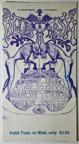 Electric Flag, Buddy Guy, Freddie King, Blue Cheer, Ike & Tina Turner, The Fillmore by Lee Conklin - July 9-10, 1968 - Vintage Concert Ticket