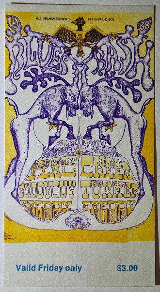 Electric Flag, Buddy Guy, Freddie King, Blue Cheer, Ike & Tina Turner, The Fillmore by Lee Conklin - July 12, 1968 - Vintage Concert Ticket