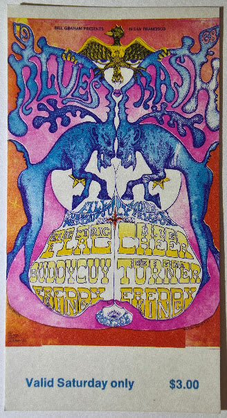 Electric Flag, Buddy Guy, Freddie King, Blue Cheer, Ike & Tina Turner, The Fillmore by Lee Conklin - July 13, 1968 - Vintage Concert Ticket
