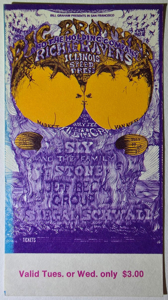 Vintage Ticket Bundle - 4 Night Run - Big Brother & The Holding Co, Richie Havens, Sly & The Family Stone, Jeff Beck West by Lee Conklin - July 16-19, 1968 - The Fillmore