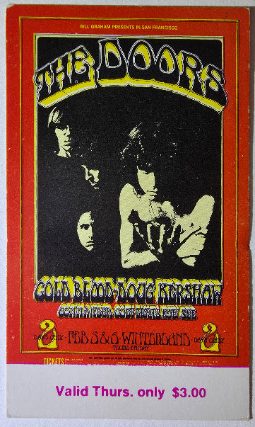 The Doors, Cold Blood, Doug Kershaw, Commander Cody, Winterland by Randy Tuten - February 5, 1970 - Vintage Concert Ticket