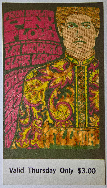 Pink Floyd, Lee Michaels, Clear Light, The Fillmore by Bonnie MacLean - October 26, 1967 - Vintage Concert Ticket