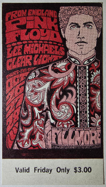 Pink Floyd, Lee Michaels, Clear Light, The Fillmore by Bonnie MacLean - October 27, 1967 - Vintage Concert Ticket
