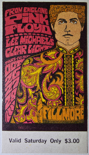 Pink Floyd, Lee Michaels, Clear Light, The Fillmore by Bonnie MacLean - October 28, 1967 - Vintage Concert Ticket