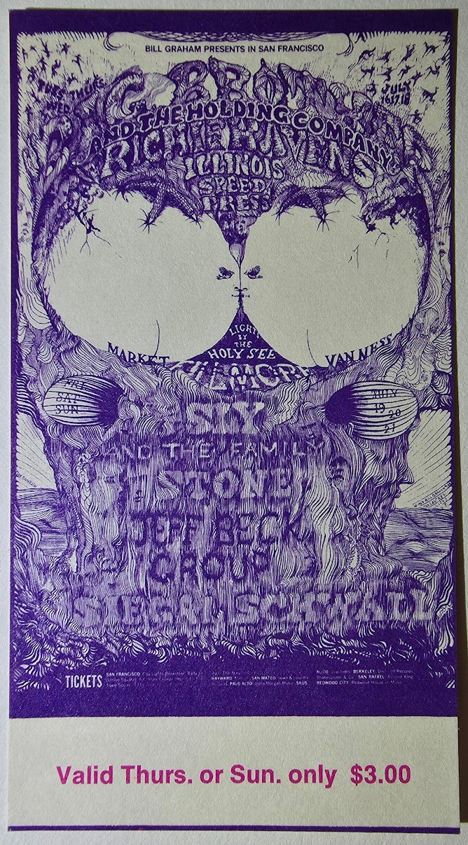 Vintage Ticket Bundle - 4 Night Run - Big Brother & The Holding Co, Richie Havens, Sly & The Family Stone, Jeff Beck West by Lee Conklin - July 16-19, 1968 - The Fillmore