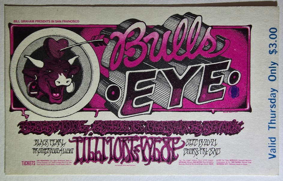 Vintage Ticket Bundle - 3 Night Run - Bullseye - Albert King, Creedence Clearwater Revival, Black Pearl West by Rick Griffin - September 19-21, 1968 - The Fillmore