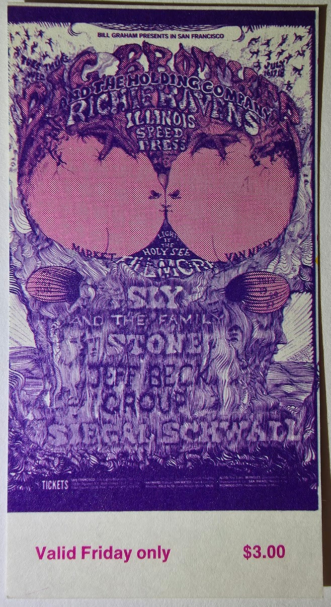 Vintage Ticket Bundle - 4 Night Run - Big Brother & The Holding Co, Richie Havens, Sly & The Family Stone, Jeff Beck West by Lee Conklin - July 16-19, 1968 - The Fillmore