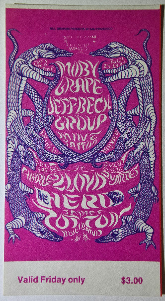 Vintage Ticket Bundle - 4 Night Run - Moby Grape, Jeff Beck Group, Charles Lloyd Quartet, James Cotton Blues Band West by Lee Conklin - July 23-27, 1968 - The Fillmore