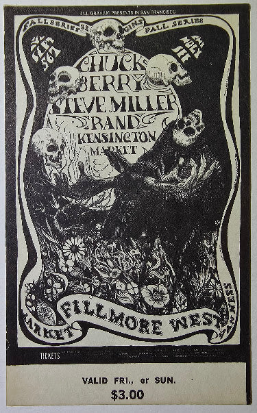Chuck Berry, Steve Miller Band, Kensington Market, The Fillmore by Lee Conklin - September 5 & 7, 1968 - Vintage Concert Ticket