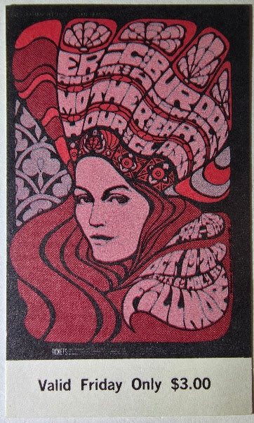 Eric Burdon & The Animals, Mother Earth, Hour Glass, The Fillmore by Bonnie MacLean - October 20, 1967 - Vintage Concert Ticket