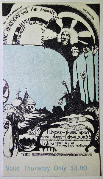Eric Burdon & The Animals, Quicksilver Messenger Service, The Sons Of Champlin, The Fillmore by Dana W. Johnson - April 4, 1968 - Vintage Concert Ticket