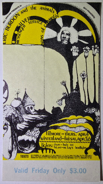 Vintage Ticket Bundle - 3 Night Run - Eric Burdon & The Animals, Quicksilver Messenger Service, The Sons Of Champlin by Dana W. Johnson - April 4-6, 1968 - The Fillmore,