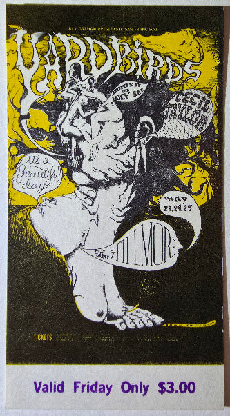 Vintage Ticket Bundle - 3 Night Run - Yardbirds, It's A Beautiful Day, Cecil Taylor by Lee Conklin - May 23-25, 1968 - The Fillmore