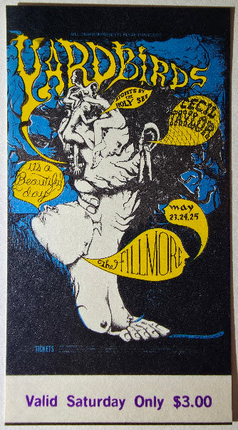 Vintage Ticket Bundle - 3 Night Run - Yardbirds, It's A Beautiful Day, Cecil Taylor by Lee Conklin - May 23-25, 1968 - The Fillmore