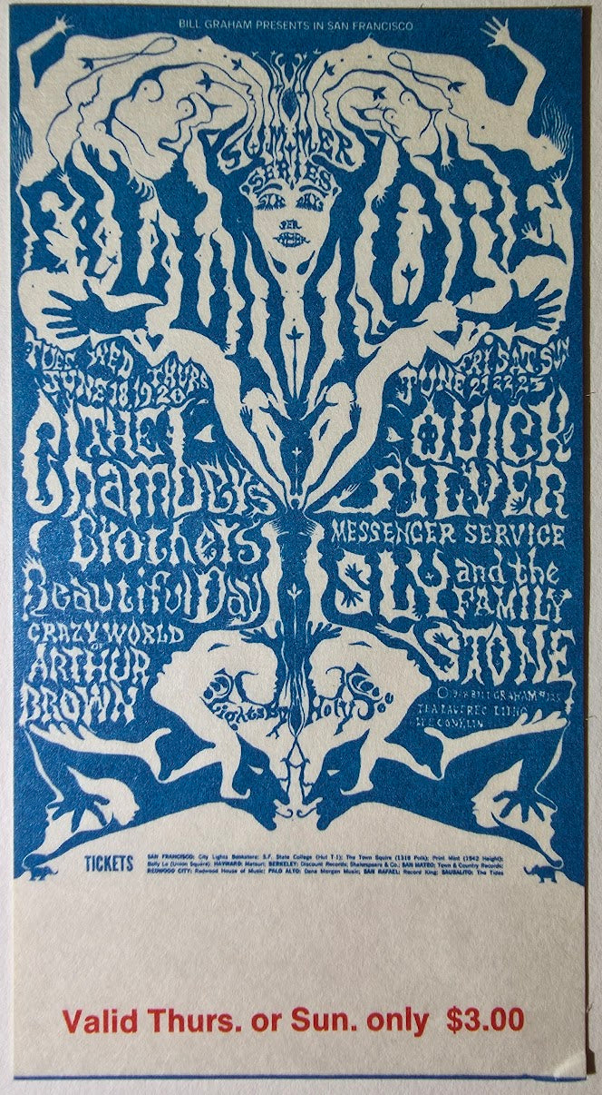 Vintage Ticket Bundle - 4 Night Run - The Chambers Brothers, Quicksilver Messenger Service, It's A Beautiful Day, Sly & The Family Stone by Lee Conklin - June 18-21, 1968 - The Fillmore