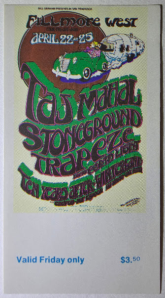 Vintage Ticket Bundle - 3 Night Run - Taj Mahal, Stoneground, Ten Years After, Cactus West by Randy Tuten, D. Bread - April 22-25, 1971 - The Fillmore