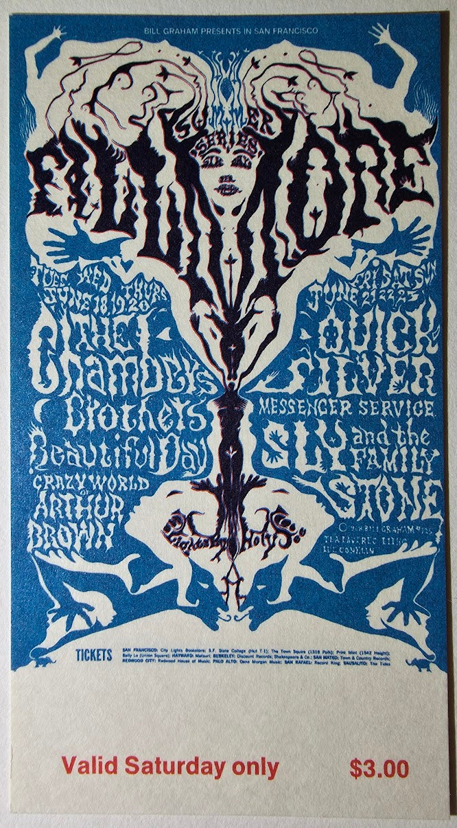 Vintage Ticket Bundle - 4 Night Run - The Chambers Brothers, Quicksilver Messenger Service, It's A Beautiful Day, Sly & The Family Stone by Lee Conklin - June 18-21, 1968 - The Fillmore