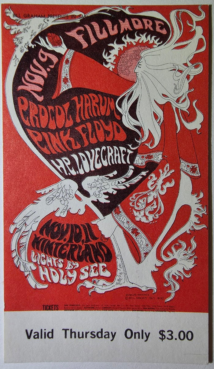 Pink Floyd, Procol Harum, H.P. Lovecraft, The Fillmore by Nicholas Kouninos - November 9, 1967 - Vintage Concert Ticket