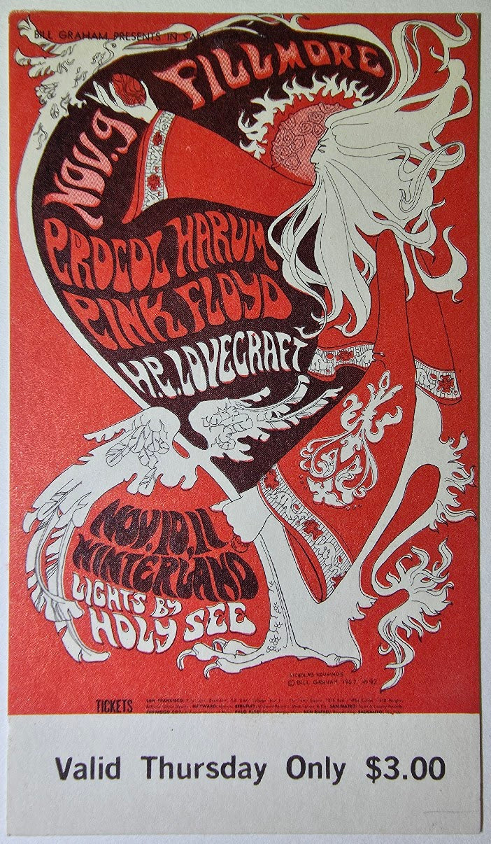 Pink Floyd, Procol Harum, H.P. Lovecraft, The Fillmore by Nicholas Kouninos - November 9, 1967 - Vintage Concert Ticket