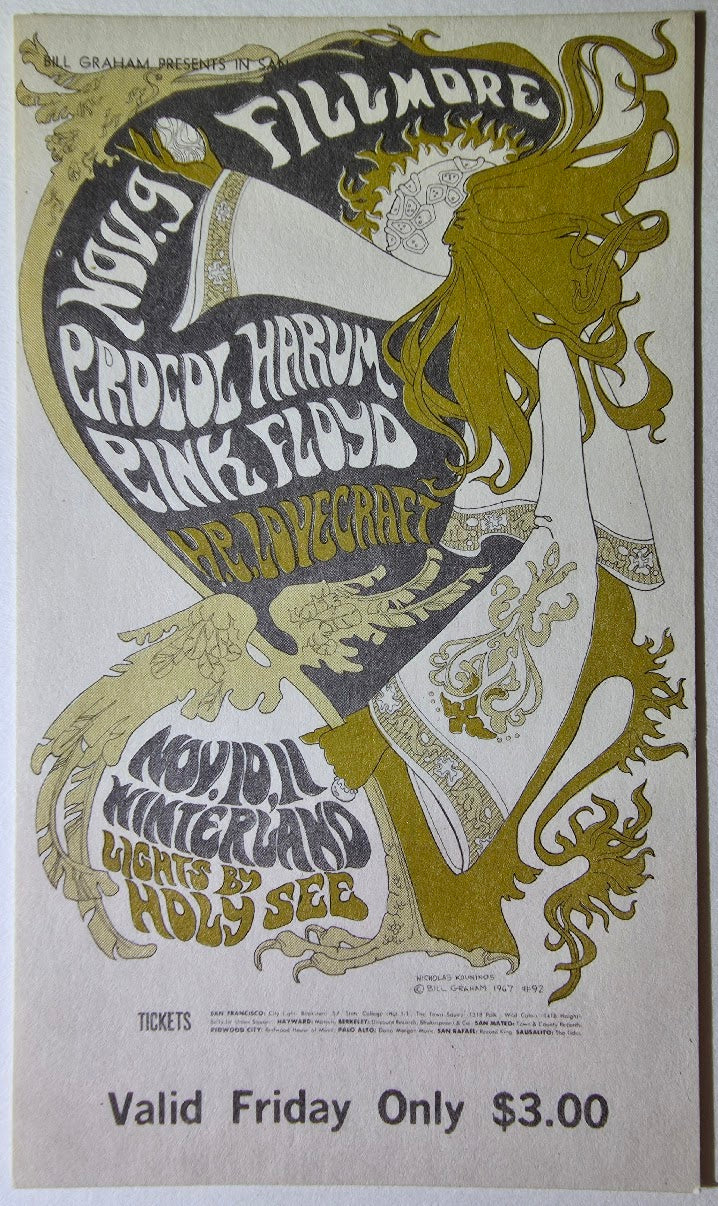 Pink Floyd, Procol Harum, H.P. Lovecraft, The Fillmore by Nicholas Kouninos - November 10, 1967 - Vintage Concert Ticket