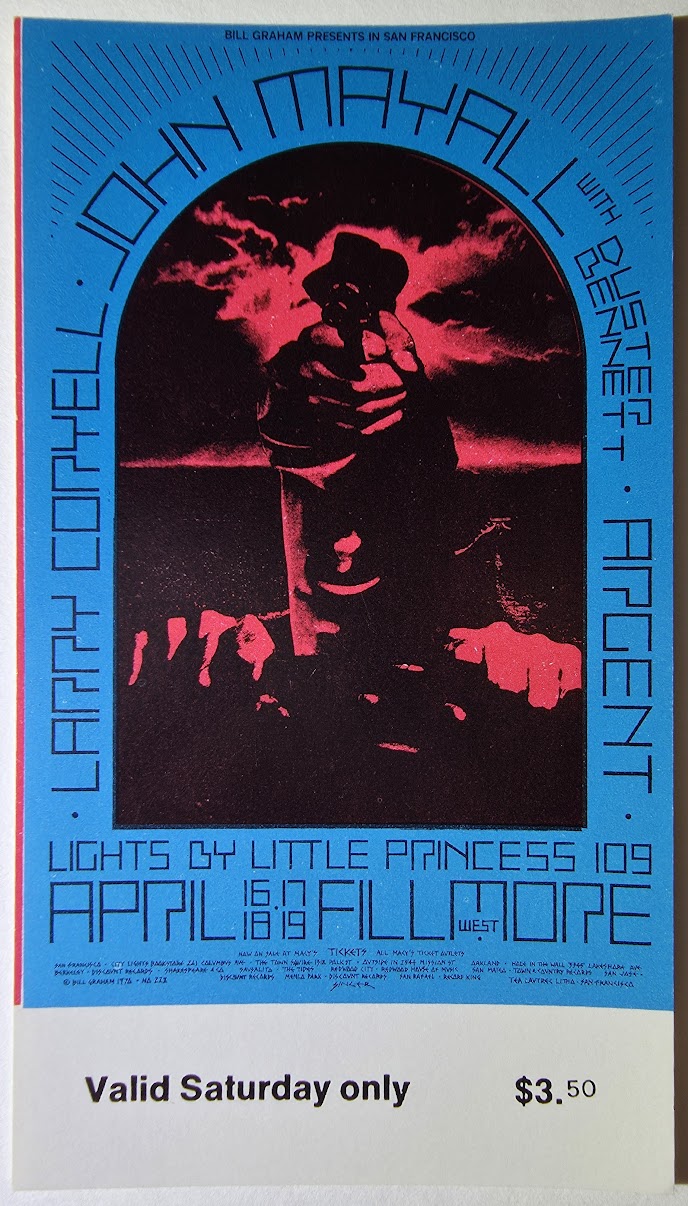 Vintage Ticket Bundle - 3 Night Run - John Mayall, Duster Bennett, Larry Coryell West by David Singer - April 16-19, 1970 - The Fillmore