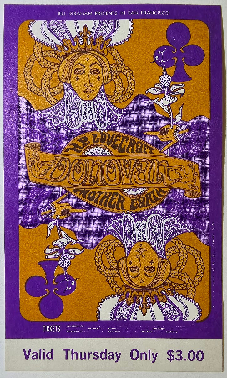 Donovan, H.P. Lovecraft, Mother Earth, The Fillmore by Nicholas Kouninos - November 23, 1967 - Vintage Concert Ticket