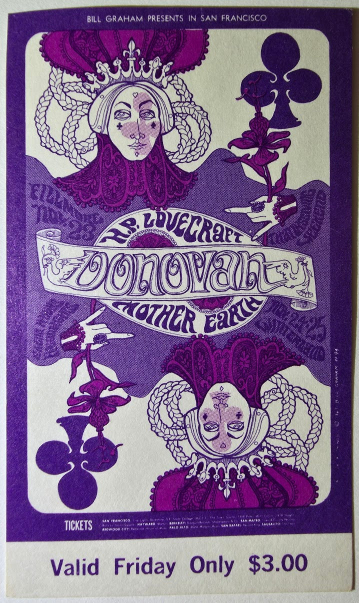 Donovan, H.P. Lovecraft, Mother Earth, The Fillmore by Nicholas Kouninos - November 24, 1967 - Vintage Concert Ticket