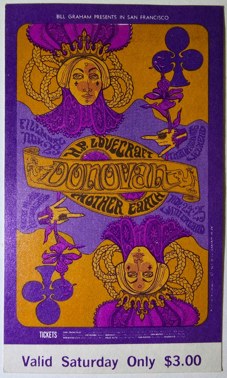 Donovan, H.P. Lovecraft, Mother Earth, The Fillmore by Nicholas Kouninos - November 25, 1967 - Vintage Concert Ticket