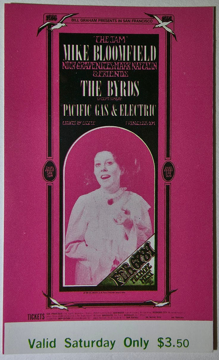 Vintage Ticket Bundle - 3 Night Run - Mike Bloomfield, Nick Gravenites, The Byrds West by Randy Tuten, Peter Pynchon - February 6-9, 1969 - The Fillmore