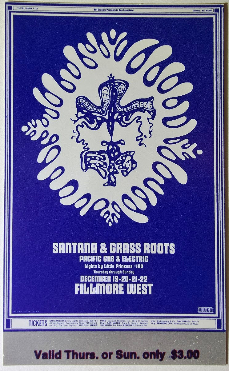 Santana, Grass Roots, Pacific Gas & Electric, The Fillm ore West by Wes Wilson - December 19 & 22, 1968 - Vintage Concert Ticket
