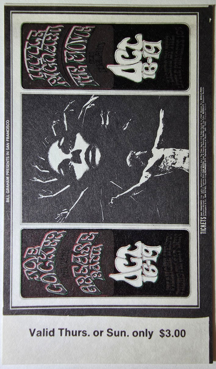 Joe Cocker & The Grease Band, Little Richard, The Move, The Fillmore by David Singer, Randy Tuten - October 16 & 19, 1969 - Vintage Concert Ticket