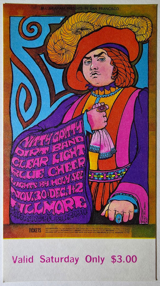 The Nitty Gritty Dirt Band, Clear Light, Blue Cheer, The Fillmore by Bonnie MacLean - December 2, 1967 - Vintage Concert Ticket