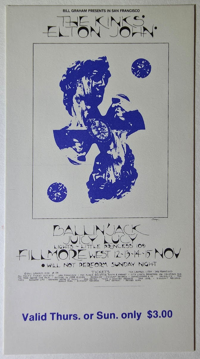 Vintage Ticket Bundle - 3 Night Run - The Kinks, Elton John, Ballin' Jack, Juicy Lucy West by David Singer - November 12-15, 1970 - The Fillmore