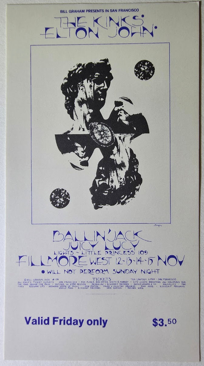 Vintage Ticket Bundle - 3 Night Run - The Kinks, Elton John, Ballin' Jack, Juicy Lucy West by David Singer - November 12-15, 1970 - The Fillmore