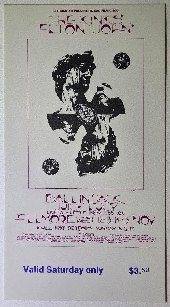 Vintage Ticket Bundle - 3 Night Run - The Kinks, Elton John, Ballin' Jack, Juicy Lucy West by David Singer - November 12-15, 1970 - The Fillmore