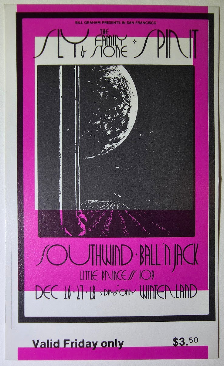Sly & The Family Stone, Spirit, Southwind, Ballin' Jack, Winterland by David Singer - December 26, 1969 - Vintage Concert Ticket