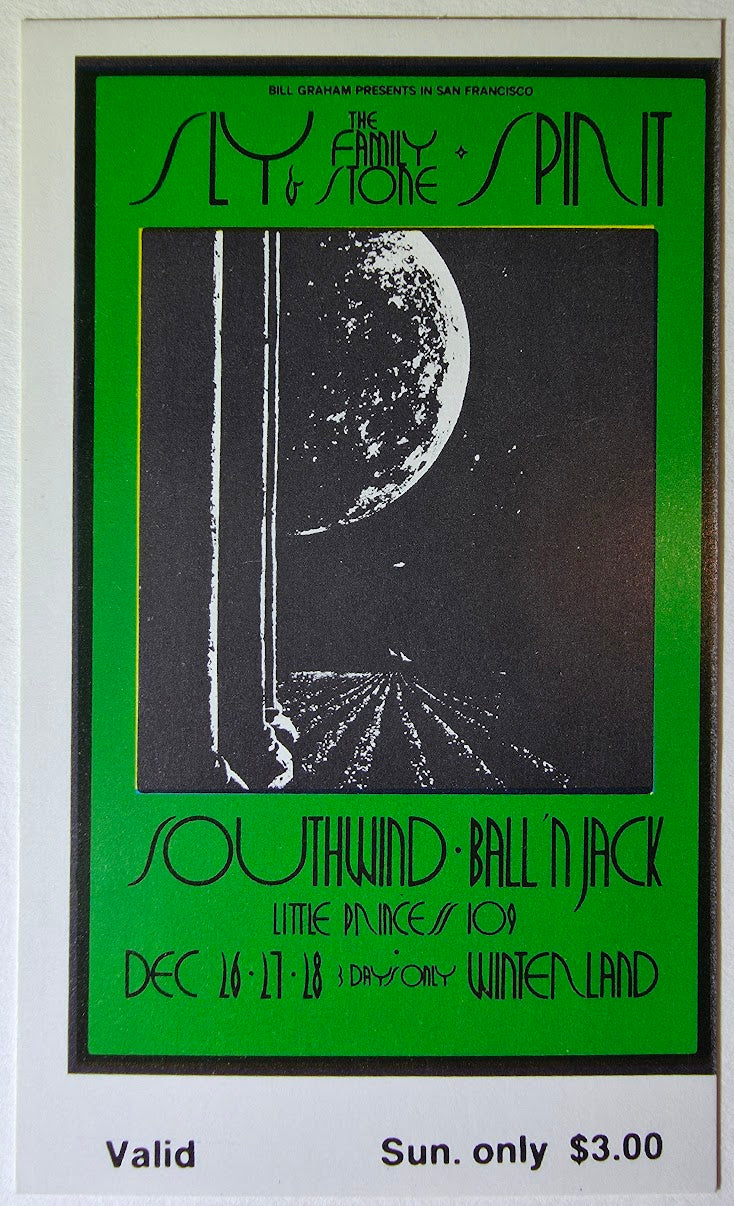 Sly & The Family Stone, Spirit, Southwind, Ballin' Jack, Winterland by David Singer - December 28, 1969 - Vintage Concert Ticket