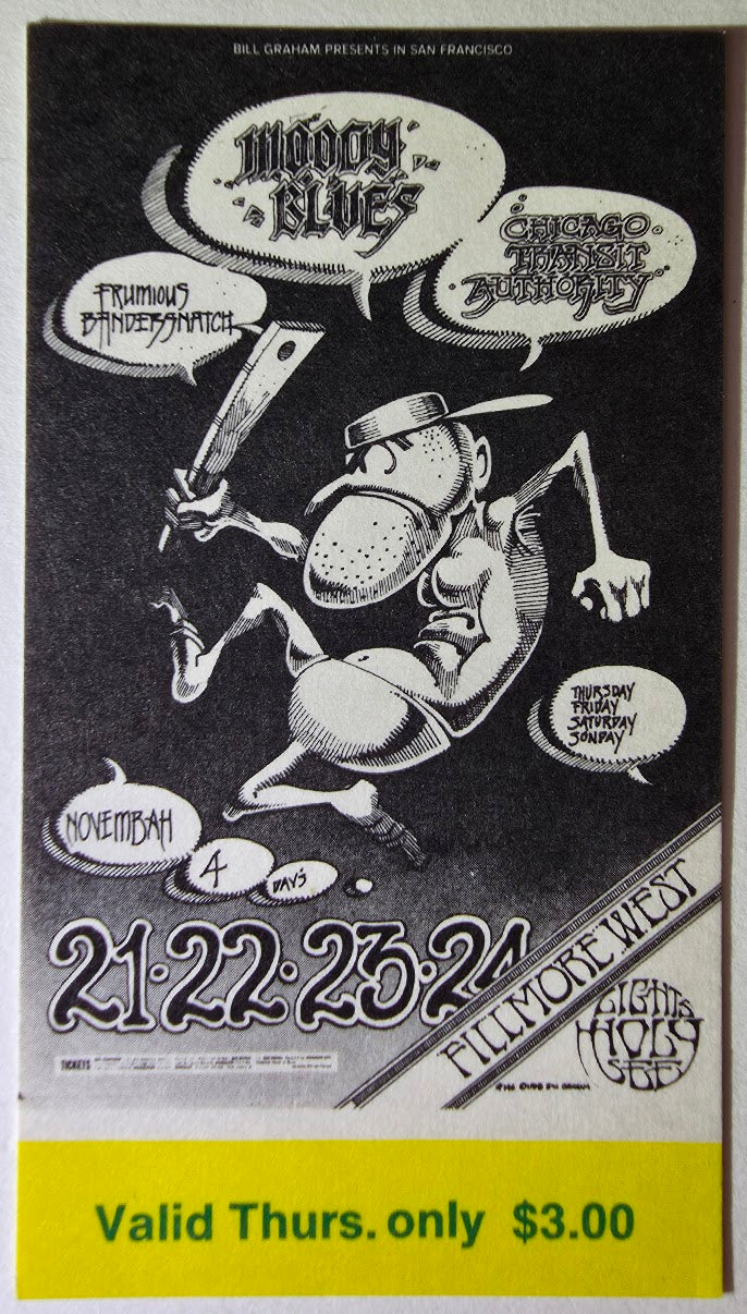 The Moody Blues, Chicago Transit Authority, Frumious Bandersnatch, The Fillmore by Rick Griffin, Alton Kelley - November 21, 1968 - Vintage Concert Ticket
