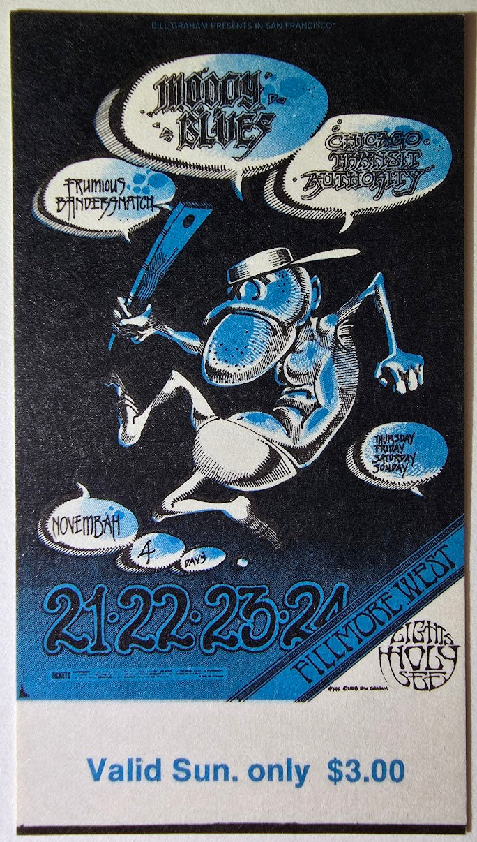 The Moody Blues, Chicago Transit Authority, Frumious Bandersnatch, The Fillmore by Rick Griffin, Alton Kelley - November 24, 1968 - Vintage Concert Ticket