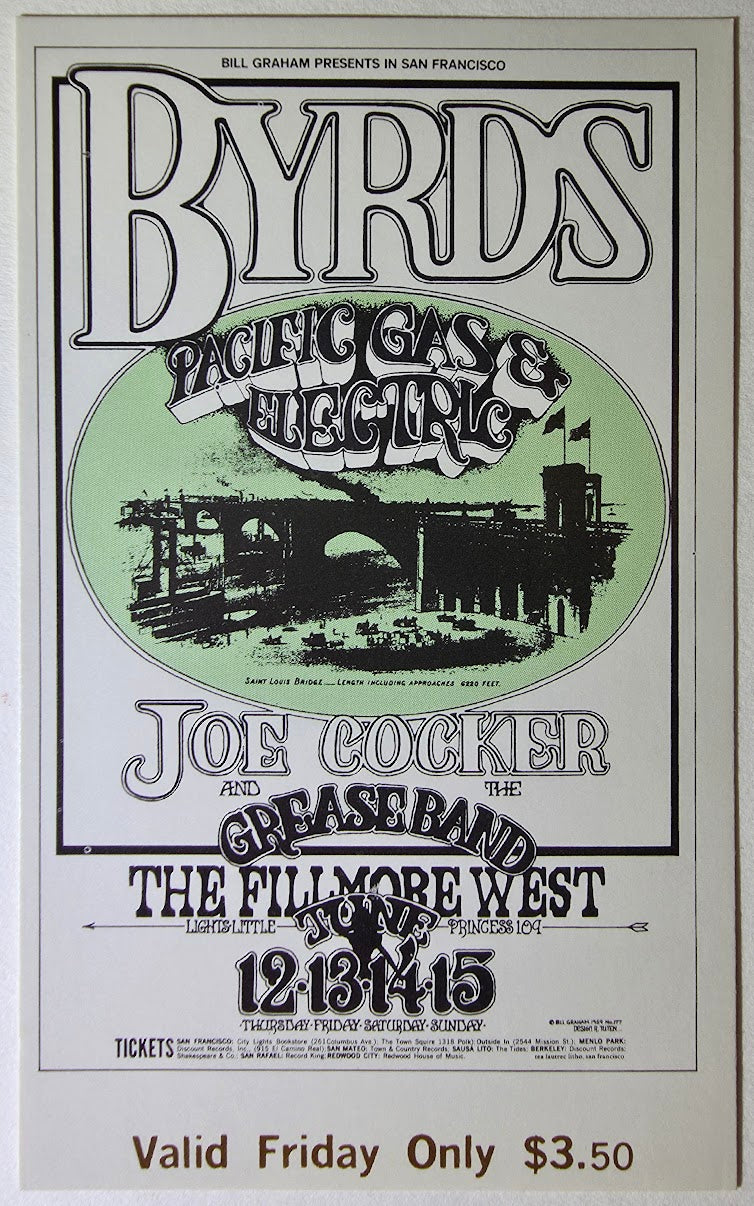 The Byrds, Pacific Gas & Electric, Joe Cocker & The Grease Band, The Fillmore by Randy Tuten - June 13, 1969 - Vintage Concert Ticket