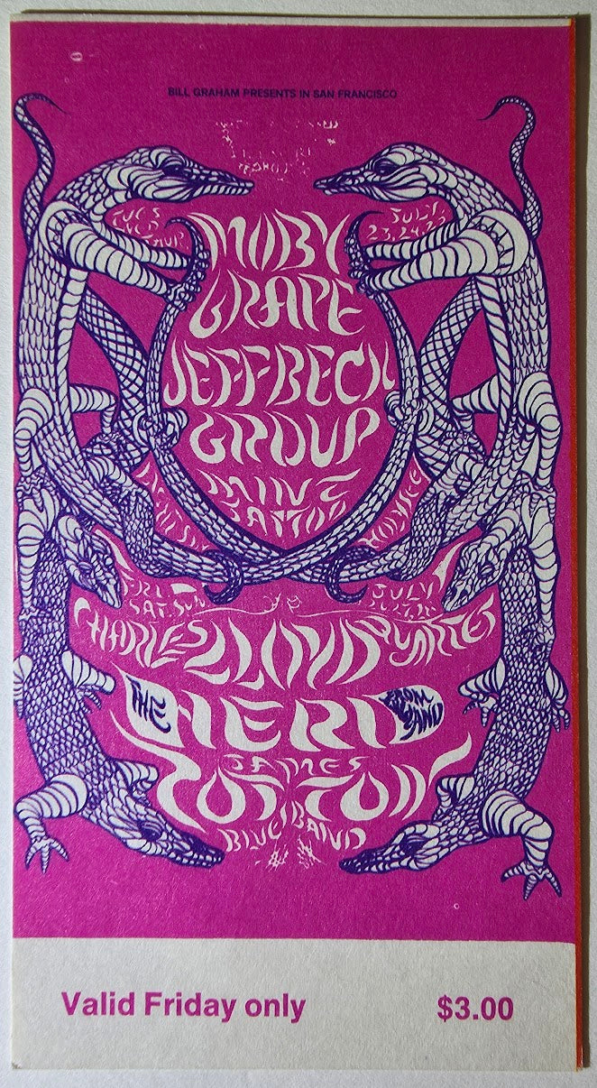 Moby Grape, Jeff Beck Group, Charles Lloyd Quartet, James Cotton Blues Band, The Fillmore by Lee Conklin - July 26, 1968 - Vintage Concert Ticket
