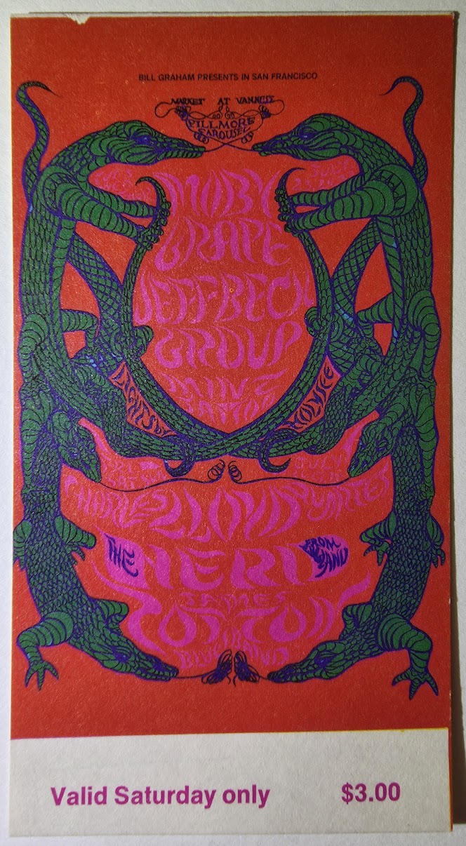 Moby Grape, Jeff Beck Group, Charles Lloyd Quartet, James Cotton Blues Band, The Fillmore by Lee Conklin - July 27, 1968 - Vintage Concert Ticket