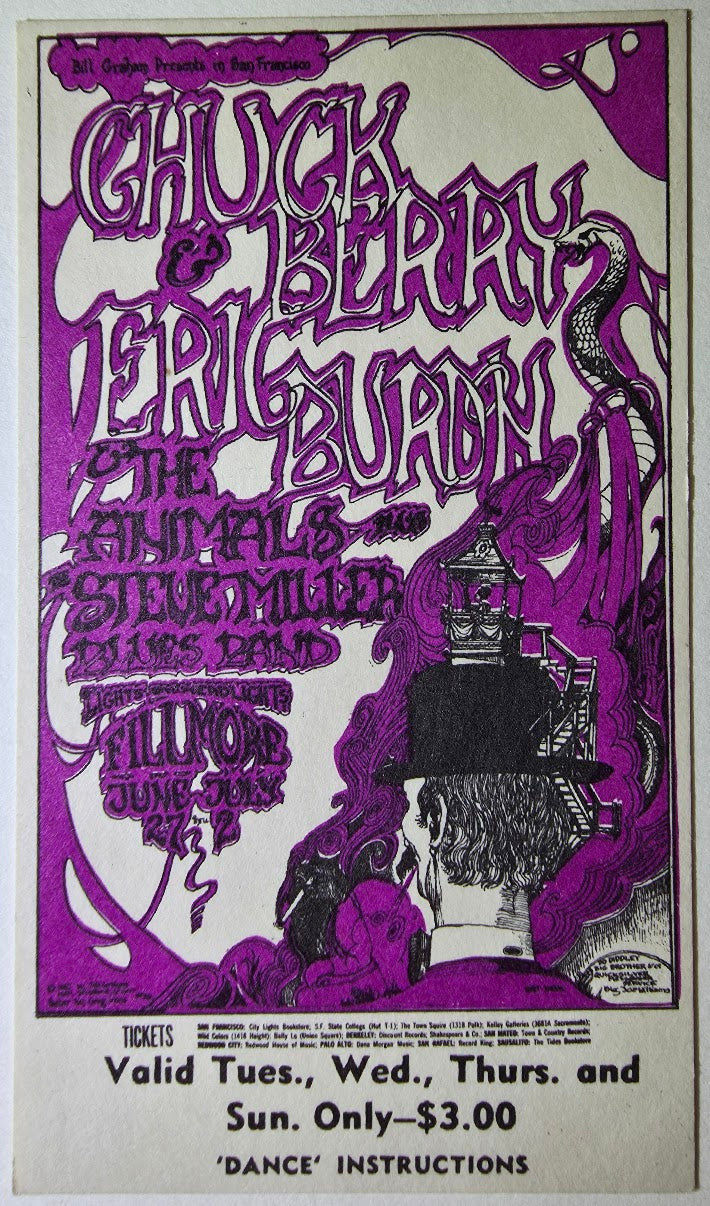 Vintage Ticket Bundle - 3 Night Run - Chuck Berry, Eric Burdon & The Animals, Steve Miller Blues Band by Greg Irons - June 27-July 2, 1967 - The Fillmore